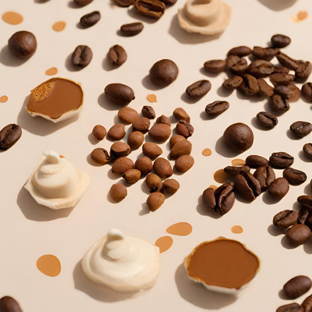 A scene decorated with Coffee beans, Nutmeg, Tonka Bean, and Vanilla