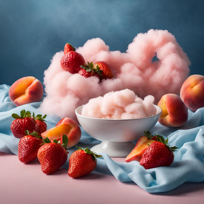 A scene decorated with  Fresh strawberries, peach blossoms, and cotton candy